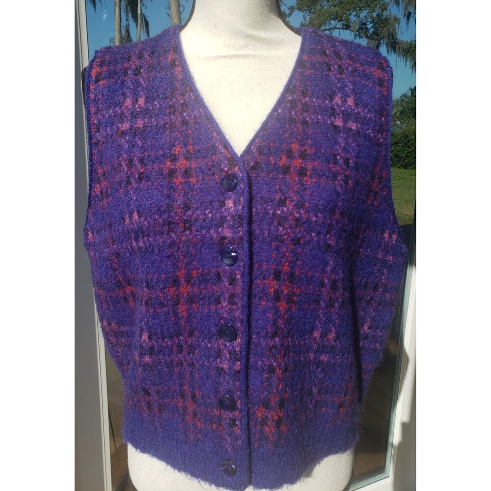 Vintage 90s LizSport Purple Plaid Mohair Button Up Academia Sweater Vest Sz L